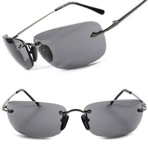 Designer Sporty Cool Mens Womens Stylish Rimless Wrap Rectangle Black Sunglasses